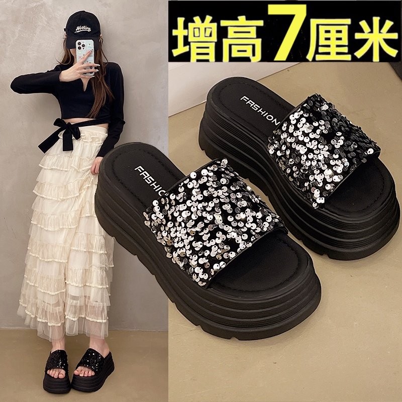 网红高跟亮片拖鞋女夏外穿2025新款松糕厚底增高配裙子一字拖34码,女鞋,一字拖,淘宝优惠券,粉丝福利购,淘宝优惠卷