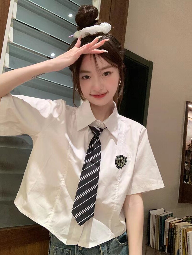 白衬衫女短袖学院风polo领设计感小众高腰短款jk制服套装夏季上衣