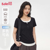 t恤女2026夏季 新款 高级感掐腰修身 班尼路假两件短袖 打底短款 上衣Q