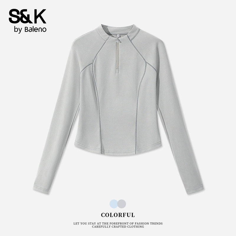 班尼路S&K系列灰色半拉链速干长袖T恤女春夏款修身运动短款上衣Q,女装/女士精品,T恤,淘宝优惠券,粉丝福利购,淘宝优惠卷
