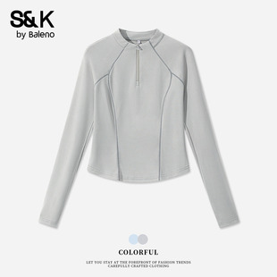 班尼路S&K系列灰色半拉链速干长袖T恤女春夏款修身运动短款上衣Q