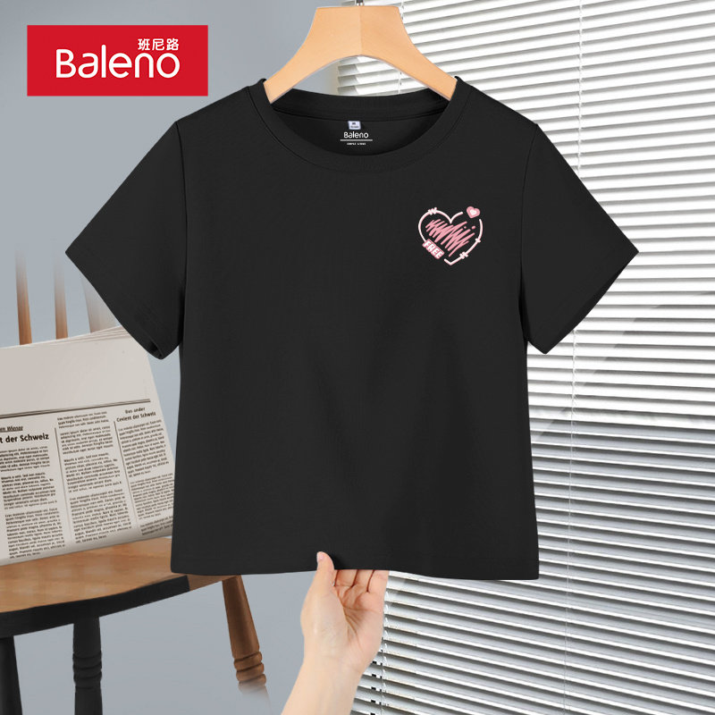 班尼路t恤女夏季新款黑色纯棉独特别致短款上衣高级感百搭短袖女t