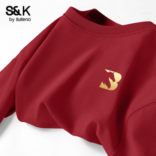 班尼路S&K酒红色长袖t恤男重磅本命年圆领打底衫男款新年战袍上衣