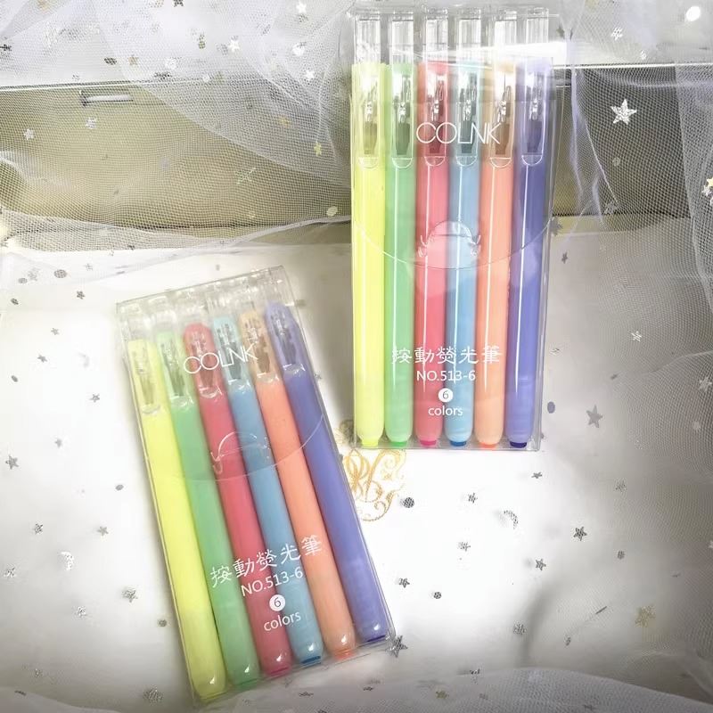 柯林COLNK-513按动荧光笔 韩版清新简约透明荧光彩色记号笔6色套