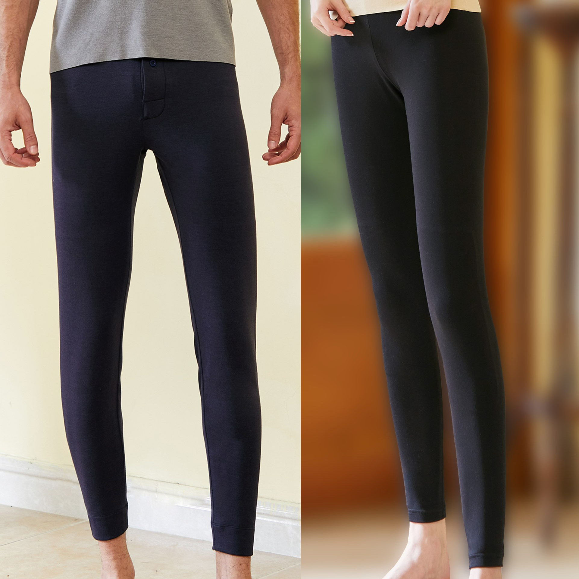 如锦保暖裤中厚秋裤线裤女92103羊毛加长护膝双层薄款棉裤男91103