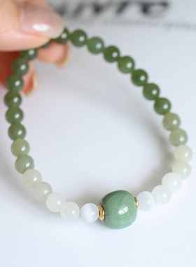 汝瓷和田玉手串汝窑手串猫眼石手串中式手链纯天然手串[碧水悠悠]