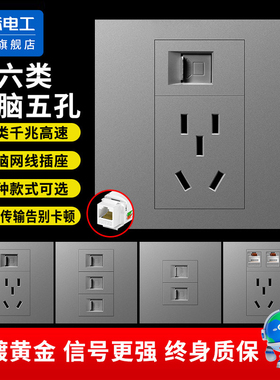 86型墙壁灰色千兆网络6六类屏蔽电脑网线插口+5五孔电源插座面板