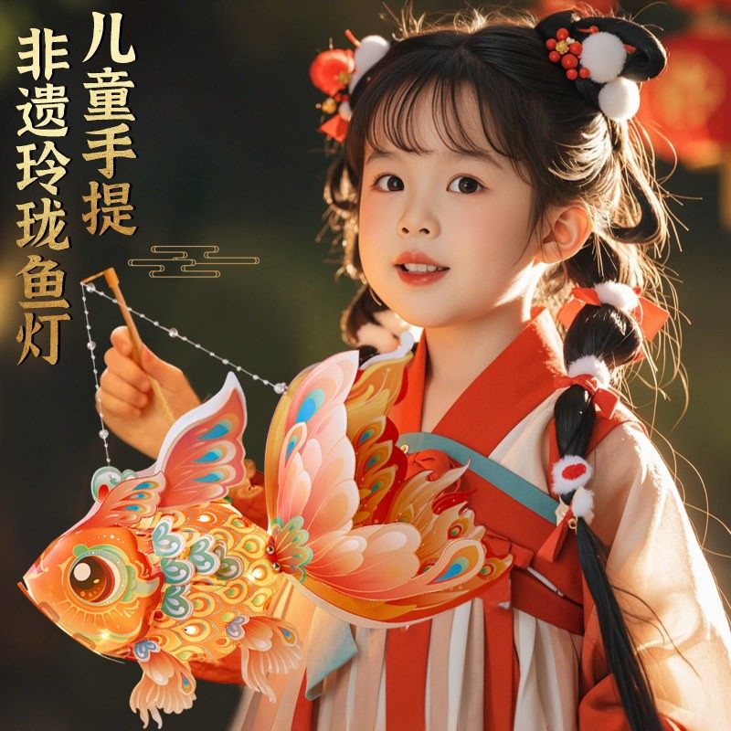 新年灯笼2026新款儿童手工diy手提鱼灯春节发光古风挂饰非遗灯笼