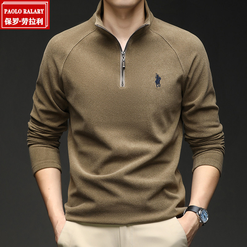 PAOLO保罗德绒打底衫男士秋冬半高领内搭保暖拉链双面绒长袖t恤衫