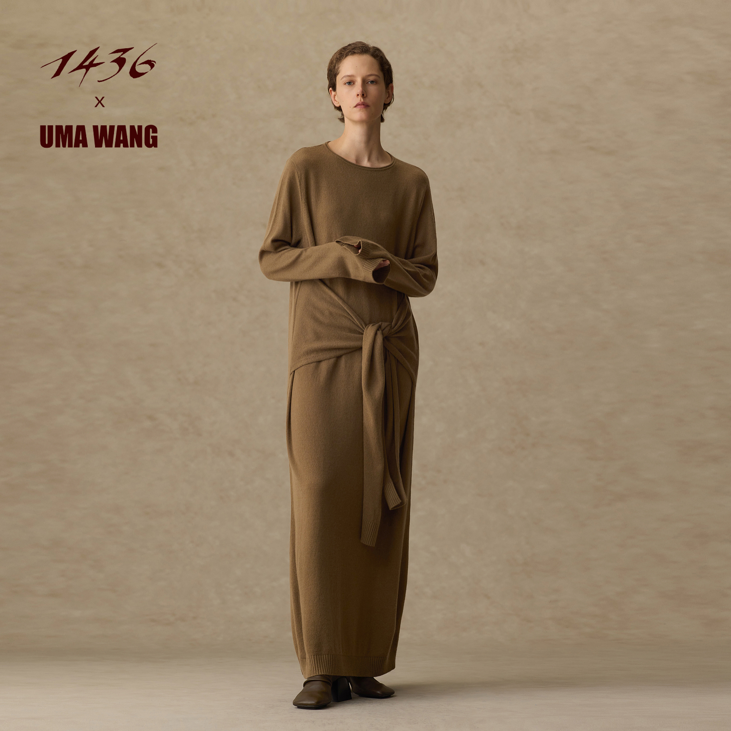 1436X UMA WANG联名系列2025年秋冬圆领卷边粗纺系带羊绒连衣裙