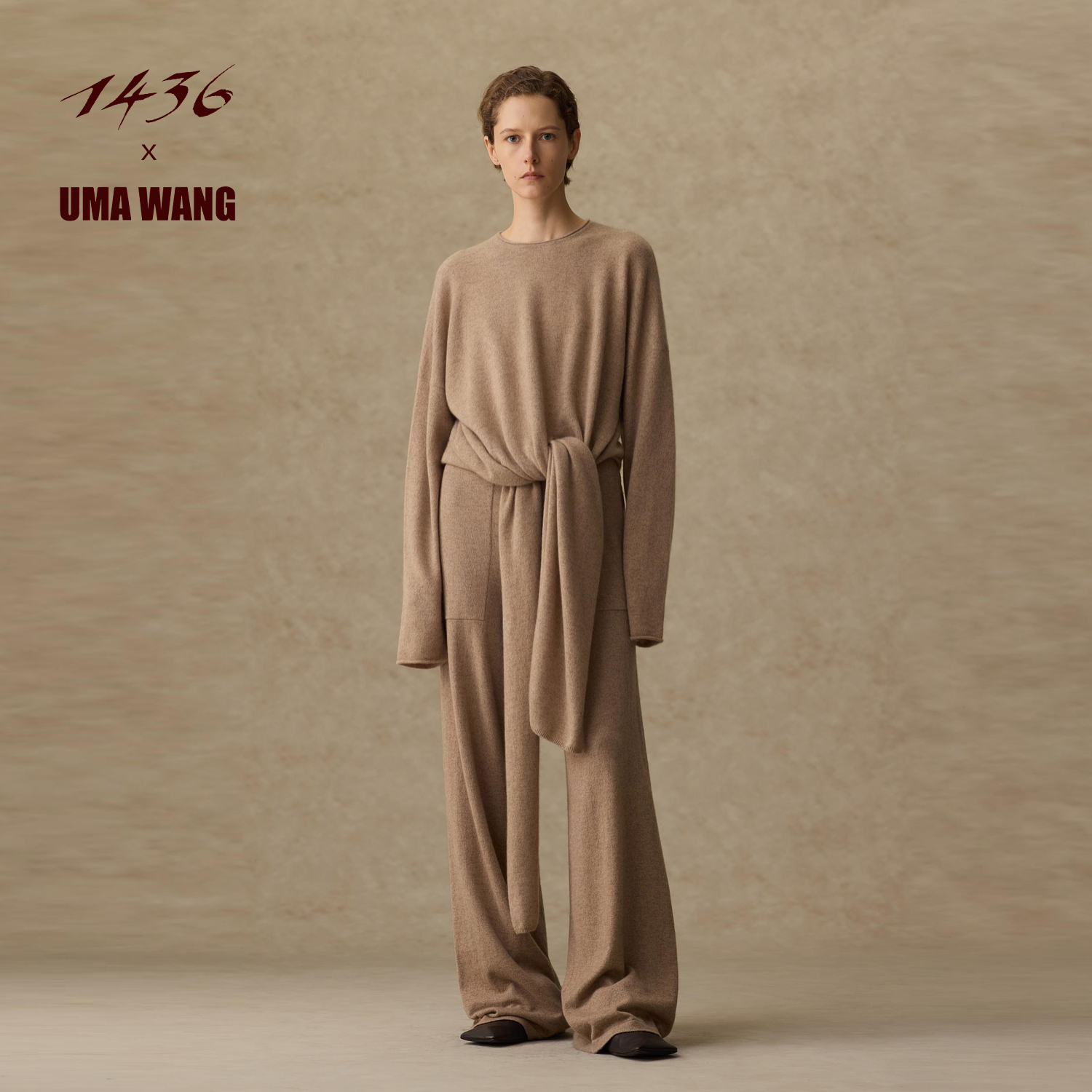 1436X UMA WANG联名系列2025秋冬圆领前片长开叉系带女士羊绒衫