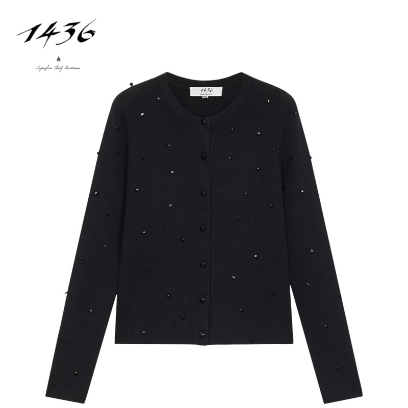 1436小山羊绒精纺圆领镶钻抽条装饰高级感女开衫