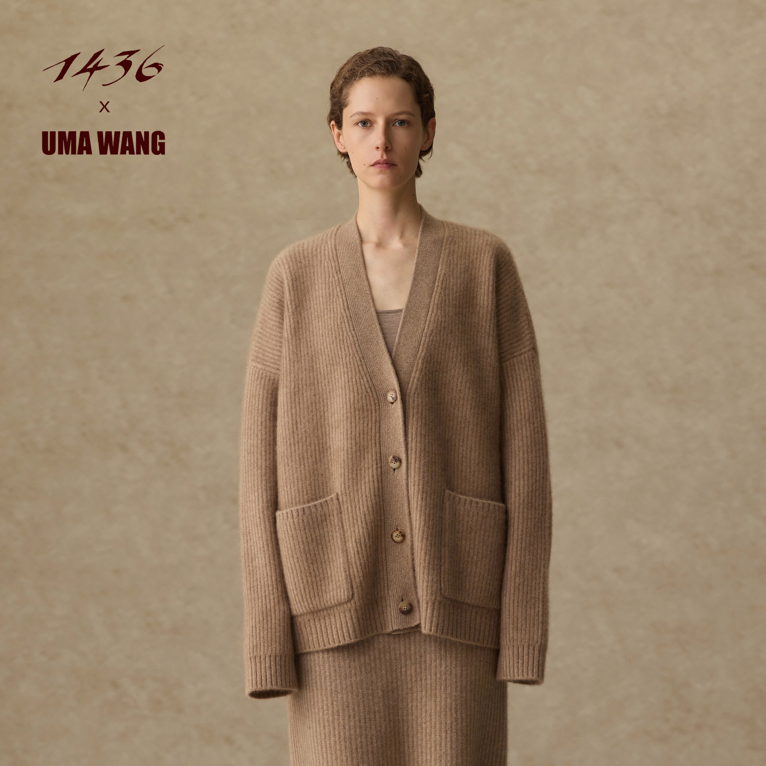 1436X UMA WANG联名系列2025冬粗纺V领双畦缩绒肌理感女羊绒开衫