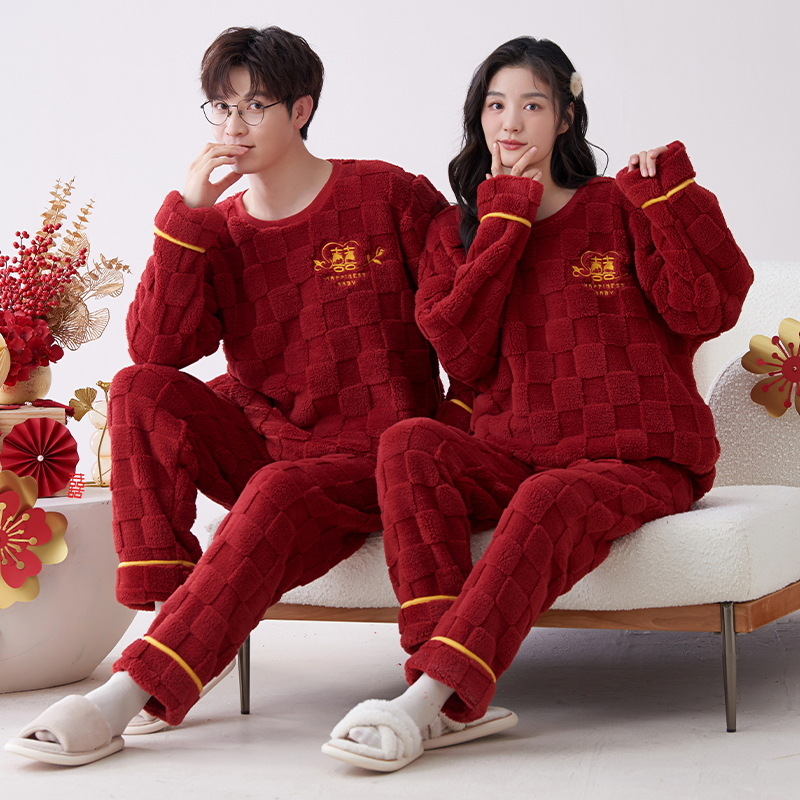 大红珊瑚绒情侣睡衣冬季加厚新婚结婚套装本命年法兰绒家居服男女
