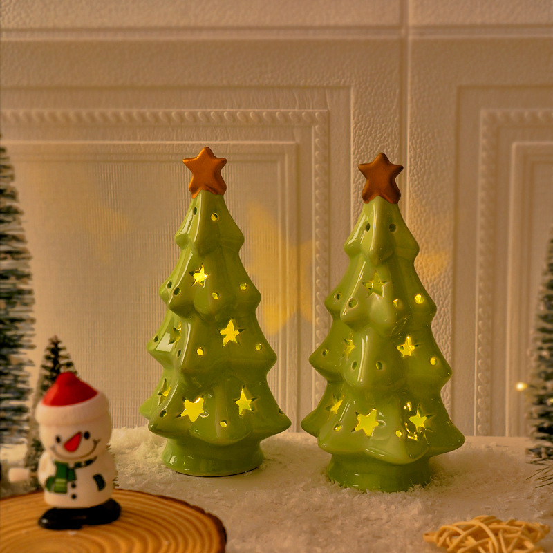 圣诞节礼物陶瓷透光圣诞树夜灯可爱陶瓷星星圣诞树小夜灯装饰摆件