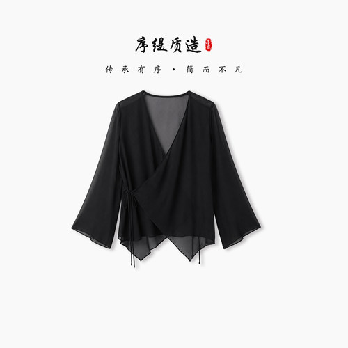 新中式100%桑蚕丝长袖上衣女