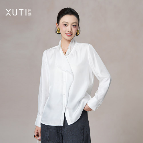 新中式100%桑蚕丝衬衫上衣女秋