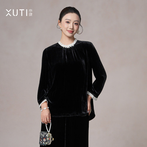 新中式100%桑蚕丝丝绒上衣女秋季
