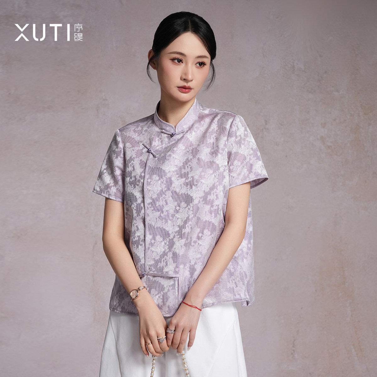 序缇质造100%桑蚕丝 新中式立领短袖上衣女2026春季新款H88-29088