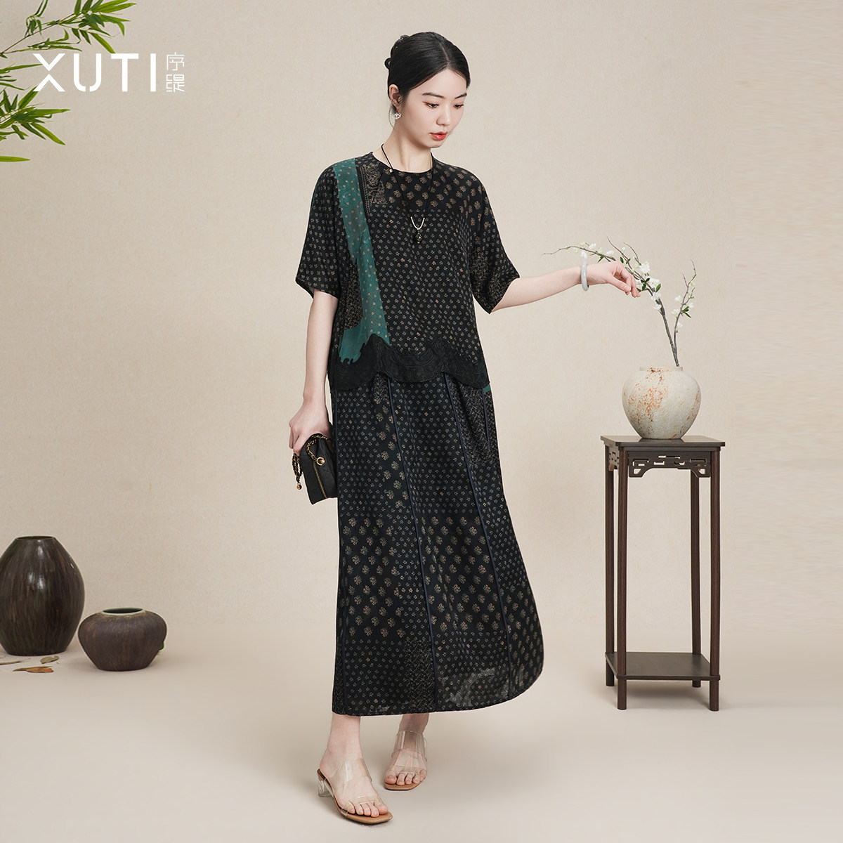 序缇质造100%桑蚕丝新中式套装女2026新款上衣+半身裙H11