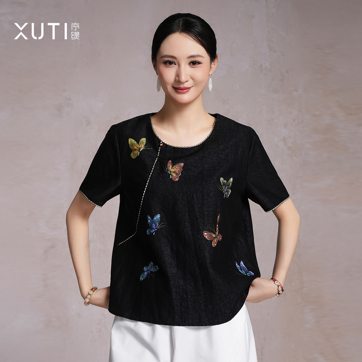 序缇质造100%桑蚕丝新中式短袖上衣女春季新款简约百搭H331-29120