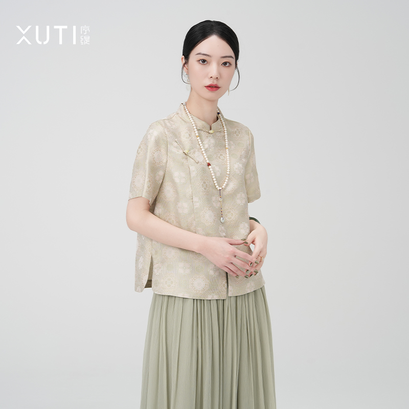 新中式螺钿异色花罗桑蚕丝上衣女