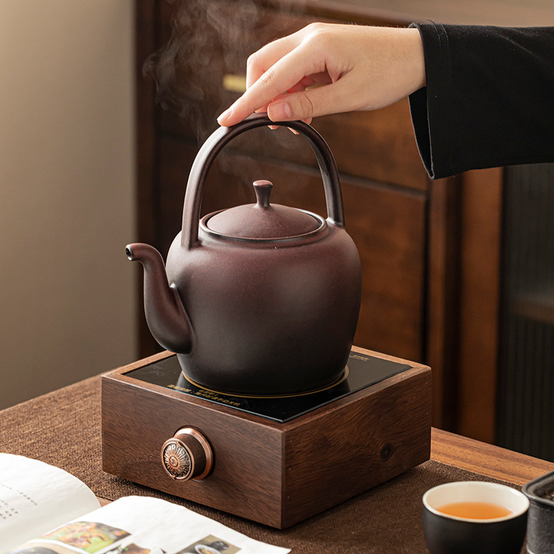 建铭胡桃木电陶炉家用陶瓷烧水壶耐高温提梁煮茶壶围炉煮茶器套装