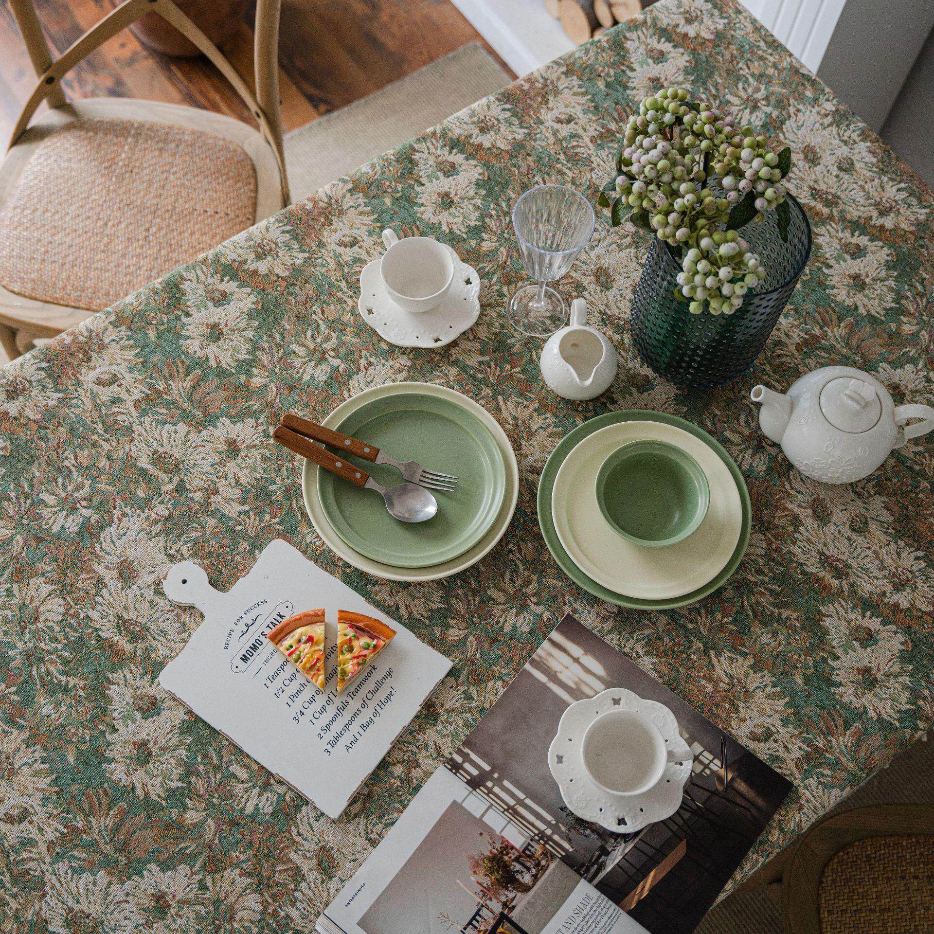 伊缦琪韵美式桌布绿色油画提花餐桌布油画厚实台布花朵直供