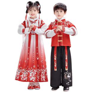 拜年服男童冬季女童过年演出服加厚红色唐装儿童宝宝古装汉服新年