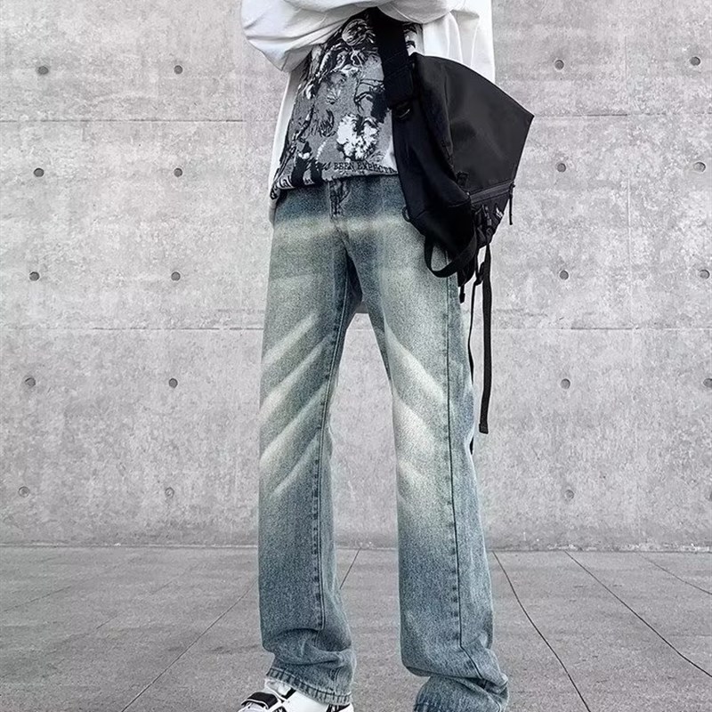 潮流水洗牛仔裤男2023秋x季美式高街休闲裤子高腰窄版修身长裤