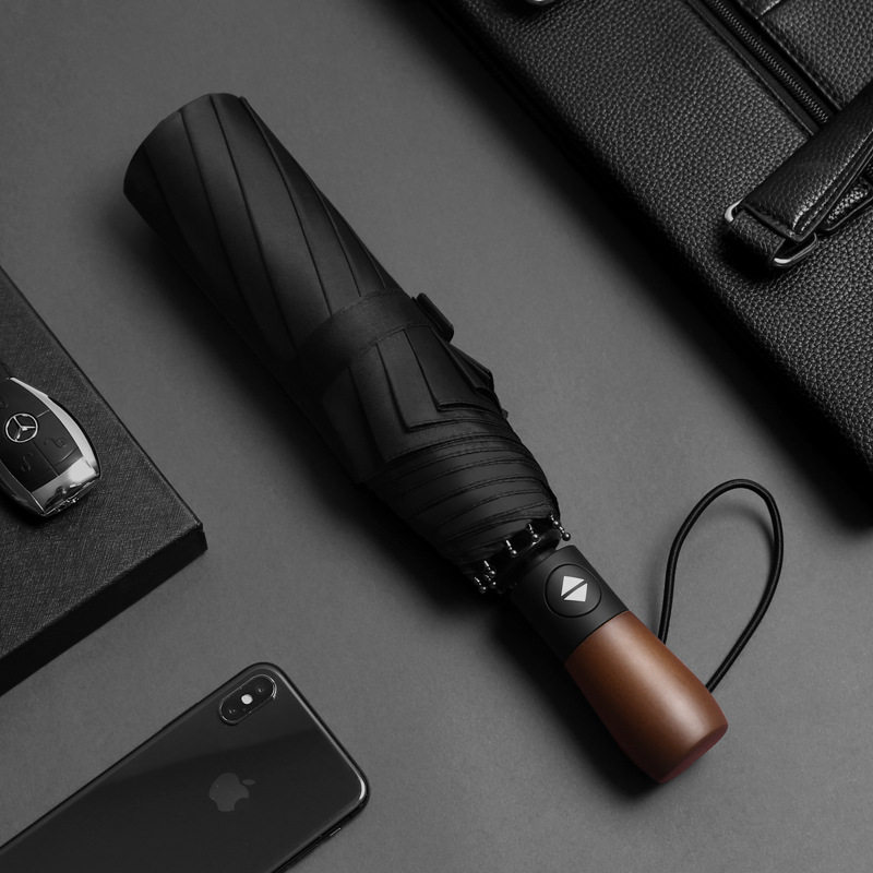 男士全自动折叠10骨雨伞双人商务简约纯色磨砂木手柄广告礼品伞