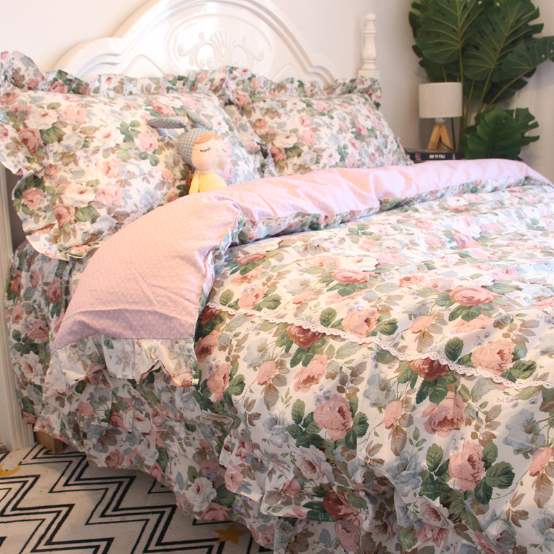 韩式田园风荷叶边小碎花床上四件套全F棉纯棉1.5m被套床单床裙款