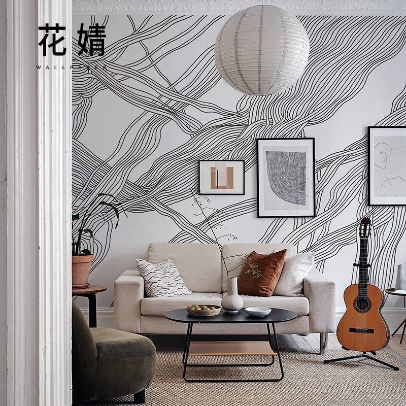 创意艺术线条墙布沙发影s视墙壁纸现代简约卧室客厅背景墙定制壁