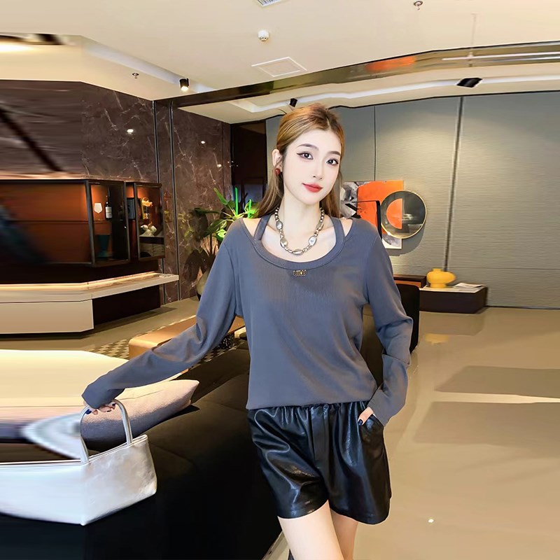 加肥镂空领拼带长袖小衫法式小众设计韩版减M龄胖妹妹百搭打底上