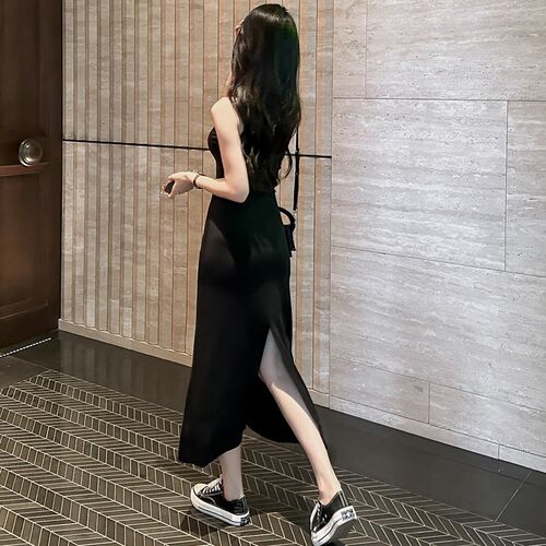 吊带连衣b裙女黑色包臀后开叉长裙夏2024新款打底裙长款A字背心裙