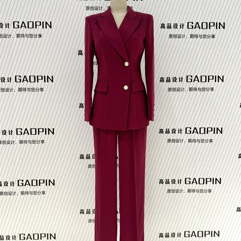 2025春季新款玫红色西装套装女阔F腿裤高级感播音艺考主持人职业
