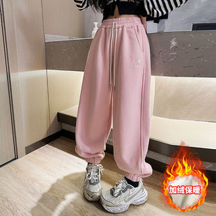 女童加绒卫裤秋冬款n加厚一体绒休闲裤女大童冬季哈伦裤儿童长裤