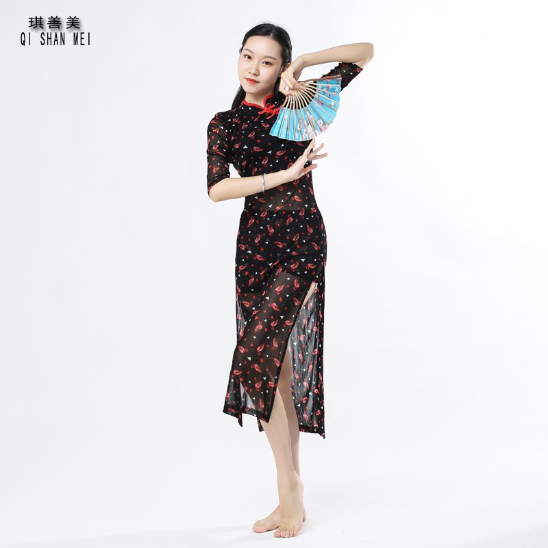 舞蹈旗袍表演服古典舞练功v服身韵形体弹力网纱印花现代舞蹈演出