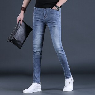 2023新款裤子男士牛仔裤薄潮流修E身小脚弹力浅蓝色春夏男式休闲