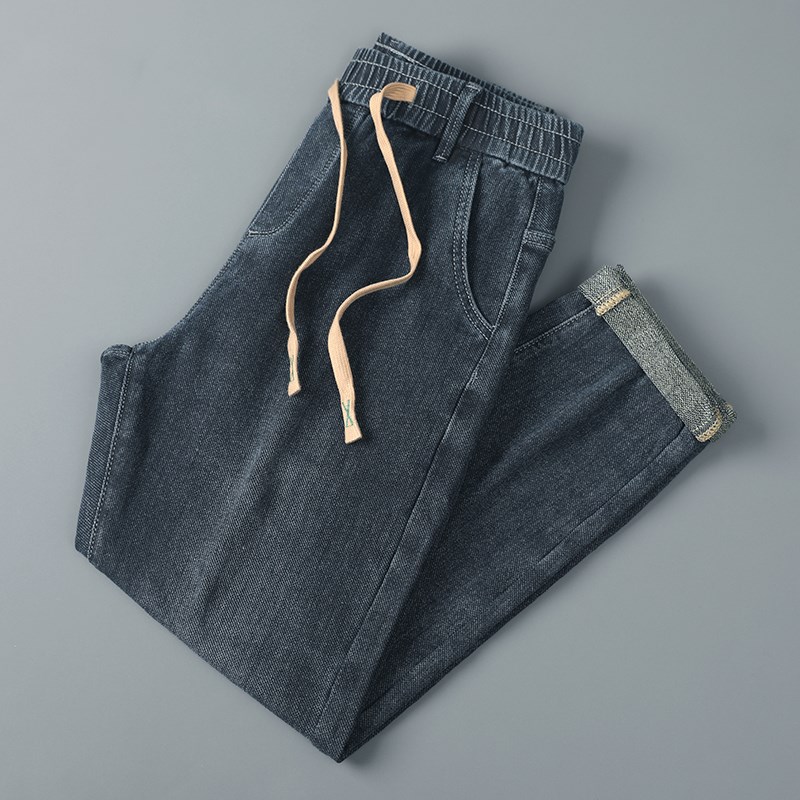 高松紧腰牛仔裤男士春秋季宽松直A筒休闲抽绳新厚款弹力长裤子男