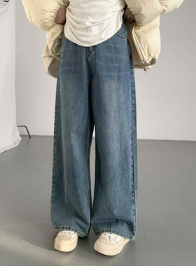 CV大码a女装 秋季新款复古蓝色休闲宽松高腰阔腿牛仔裤微拖地长裤