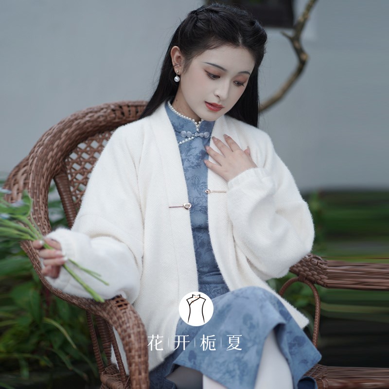 花开栀夏文艺复古米色旗袍外搭B披肩新中式国风V领开衫短款外套