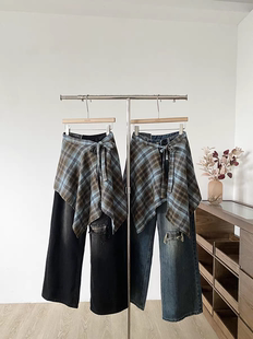 高街复古高腰不规则格纹拼接屁帘女甜酷百搭遮胯罩裙叠穿半身裙