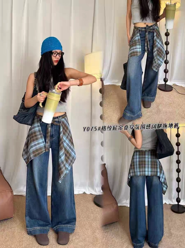 美式复古格子可拆卸屁帘女春夏今年宽松跳舞叠穿遮屁帘下摆配饰