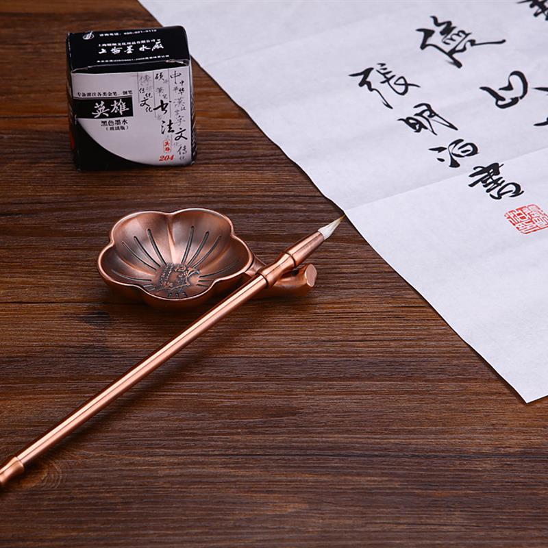 防摔古铜色毛笔砚台墨水盒文房四宝毛笔搁砚台毛笔架金属砚台墨碟图片