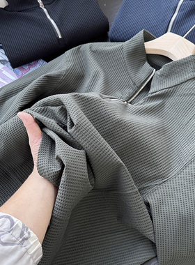 秋冬户外运动纯色休闲半拉链立领卫衣华夫格套头打底衫S00666