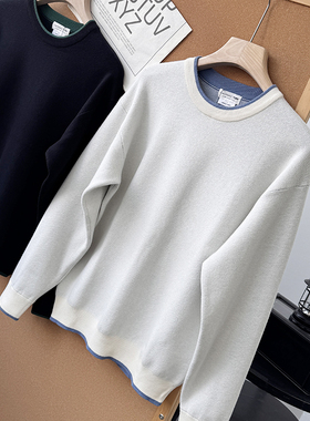 简约优雅！秋冬男士纯色撞色亲肤保暖加绒针织衫毛衣潮50383