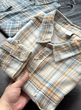 纯棉水洗色织格子翻领长袖衬衫男士秋季宽松休闲潮流衬衣S00635