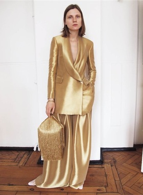 Gold Silk Satin Women Suits Office Set For Wedding Tuxedo 2