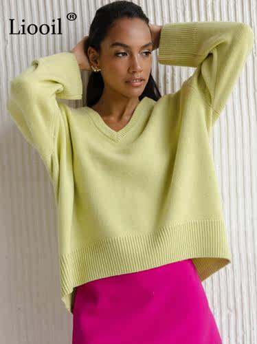Liooil Women Knit Baggy Sweater Pullover Female Jumper Long
